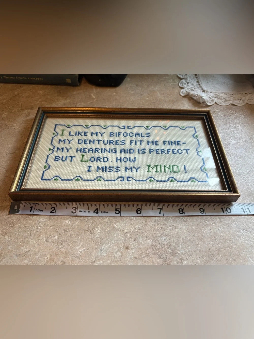 Vintage Framed Needlepoint Blue/Green Cross Stitch Funny